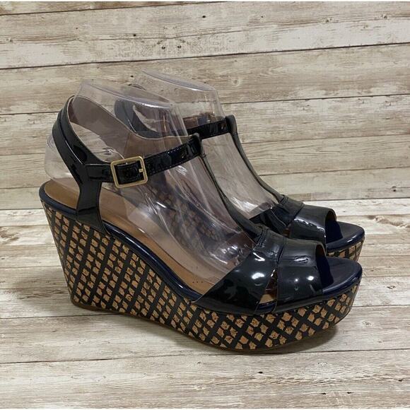 Clarks Shoes - Clarks Heels Womens Size 9M Navy Patent Leather Strappy Wedge Sandals